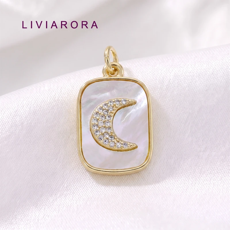 Colgante rectangular de latón chapado en oro de 18 quilates con concha blanca, dije de luna creciente con circonitas incrustadas para accesorios de fabricación de joyas