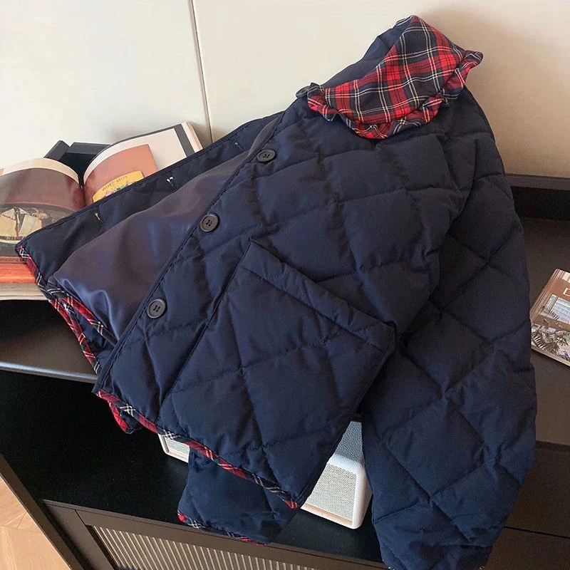 

Повседневные укороченные парки на пуговицах, женские милые клетчатые лоскутные пальто с воротником Питера Пэна, свободные карманы с длинными рукавами, осенне-зимние тонкие топы