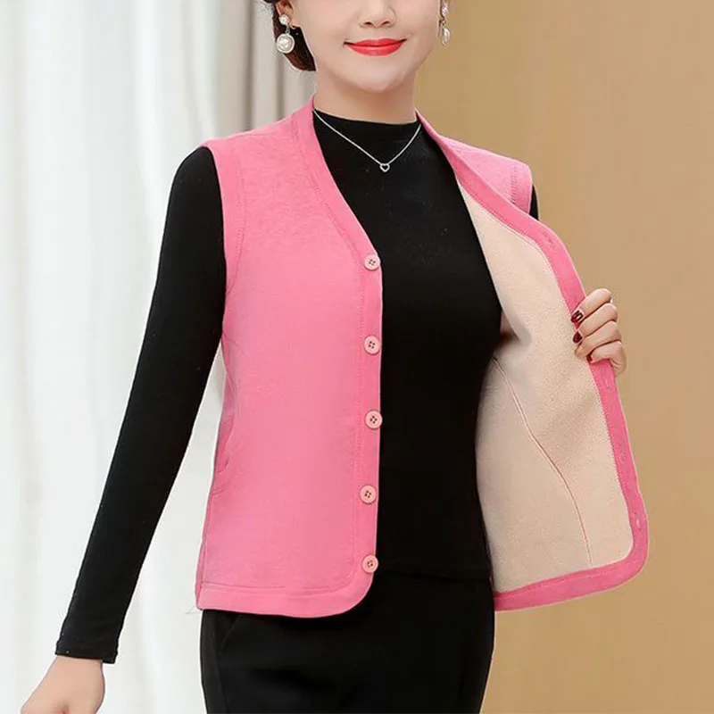 

Autumn Winter New Women Plus Velvet Thicken Coat Vests V-Neck Solid Button Simplicity Fashion Loose Sleeveless Cardigan Tops