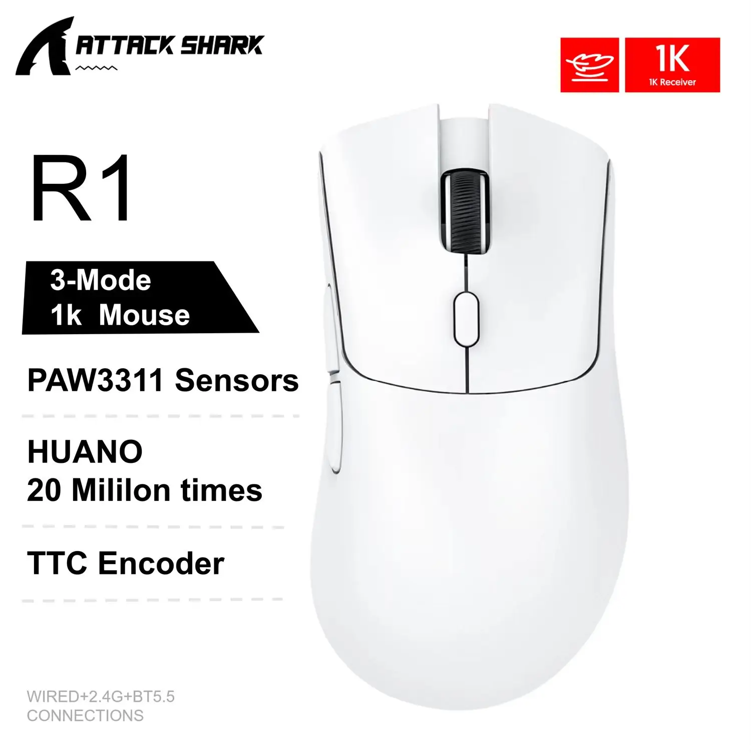 Attack Shark R1 Gaming Mouse - Dual-Mode Wireless/Wired, Adjustable DPI, Ultra-Light Ergonomic Design for Competitive Gamers