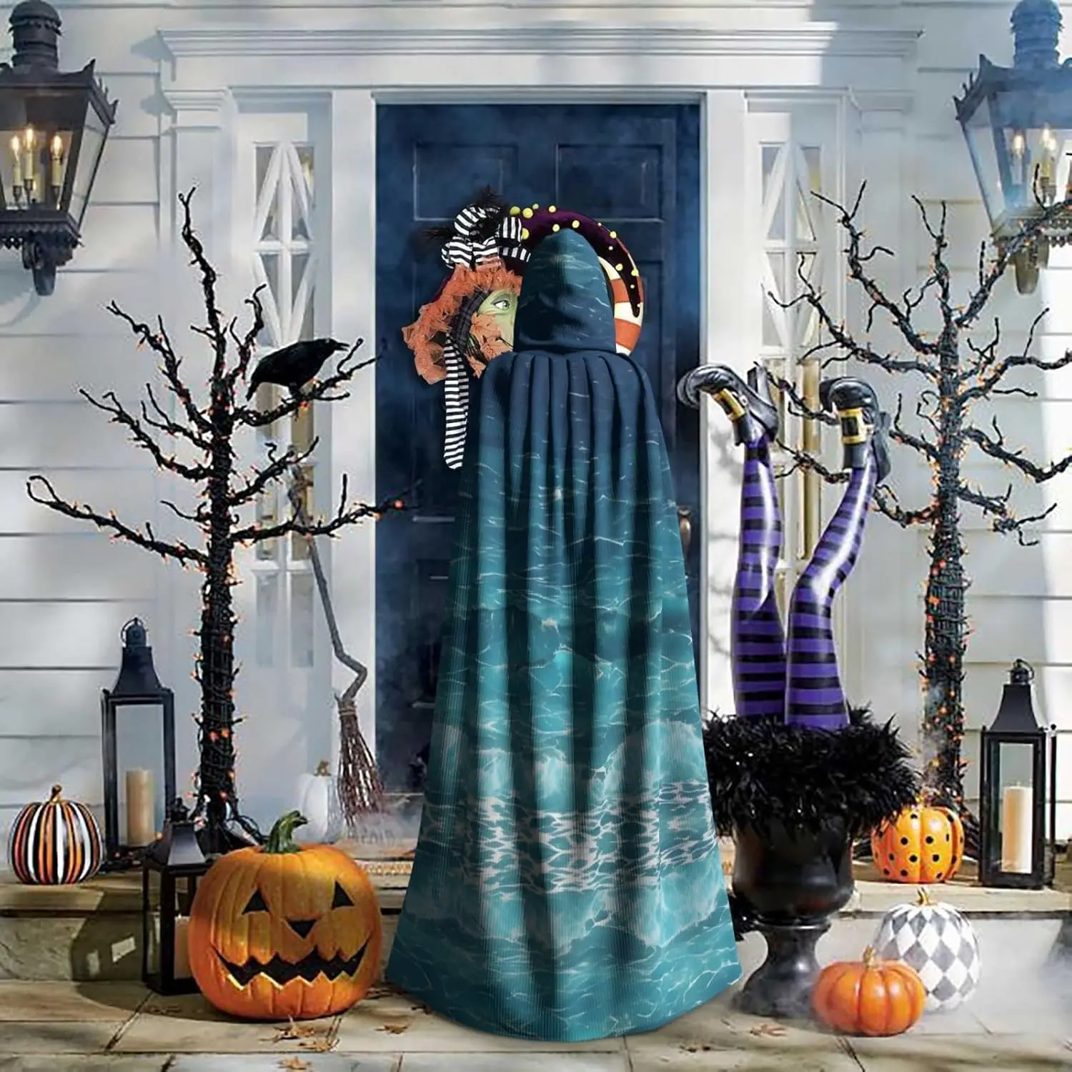 Halloween Adult Hooded Cape Cloak The Deep Blue Sea Pattern Super Large Hooded Cloak With Bow Tie