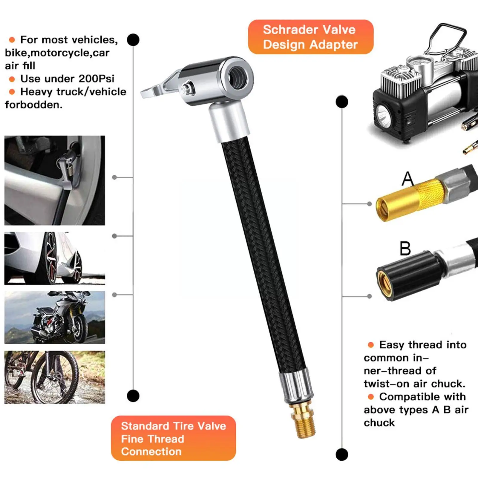 Car Tire Air Inflator Hose Inflatable Pump Extension Locking Air Adapter Bike Tyre Twist 10CM Motorcycle Chuck Tube Connect R9F6