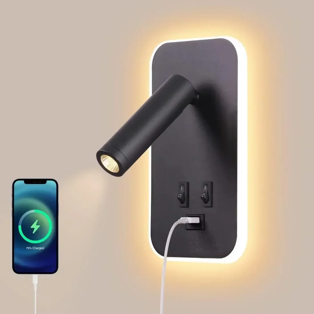 

LED Minimalist USB Charging Wall Lamp with Dual Control Switch, Lamp Head Can Rotate 330 ° for Indoor Bedside Corridor Lighting