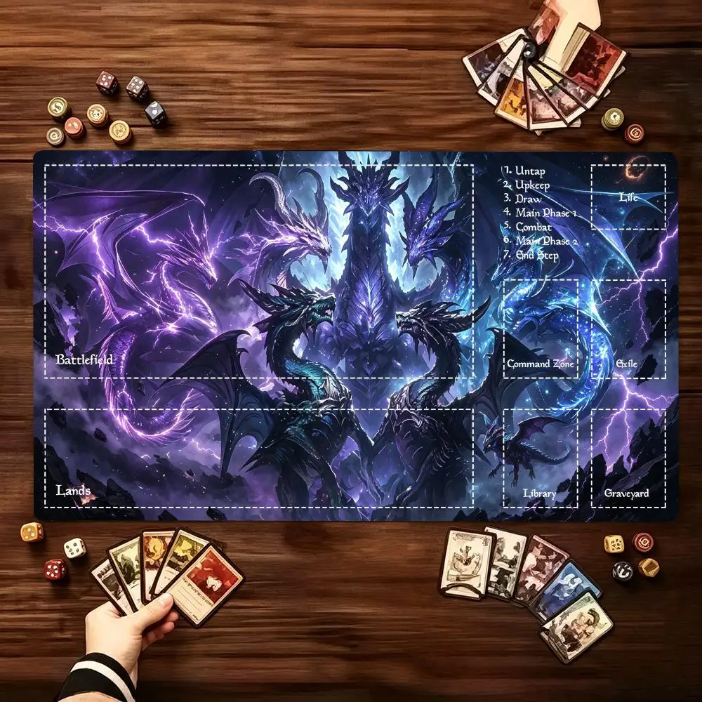 Mystic Elemental Dragon Large Gaming Desk Mat Non-Slip Rubber Stitched Edges Playmat for Card Game PC Laptop Daily Gaming