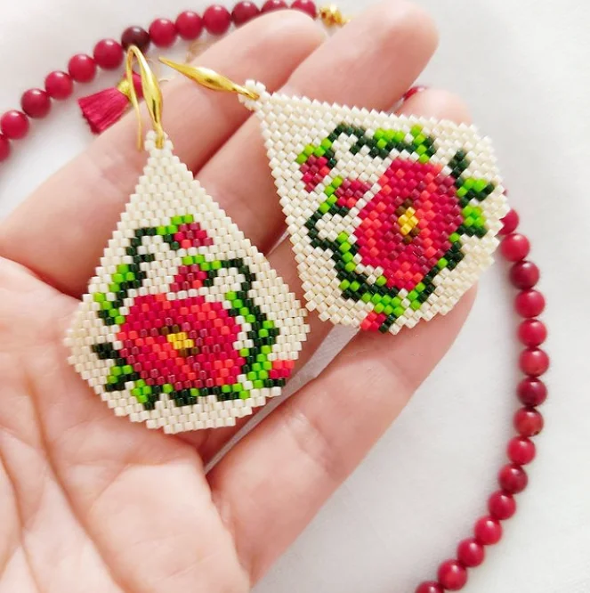 

Beaded earrings Water drop Flowers Design Originality Hand knitting Bohemia Alloy Tide Simple Rice bead earrings