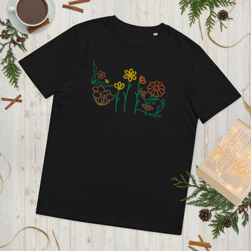 Embroidery flower scene Unisex organic cotton t-shirt