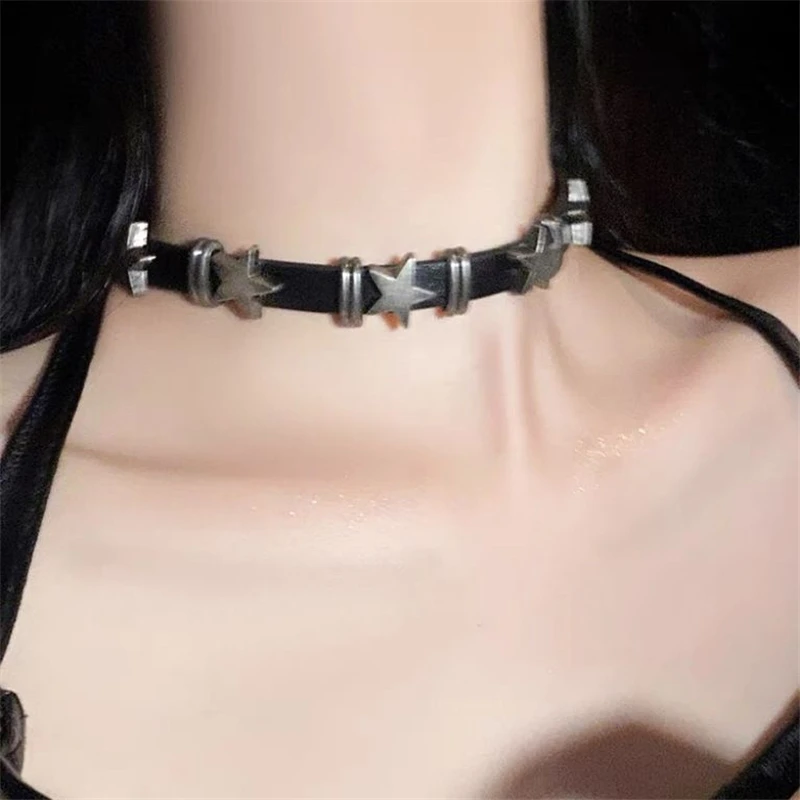 Vintage Y2k Aesthetic Pentagram Star Pendant Silver Color Choker Chain Necklace For Women Cool Hip Hop Jewelry Charm Accessories