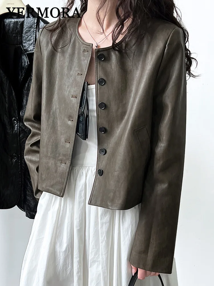 

YERMORA Women Green PU Leather Button Vintage Short Jacket O-neck Long Sleeve Loose New Coat Fashion Tide Spring Autumn 2025
