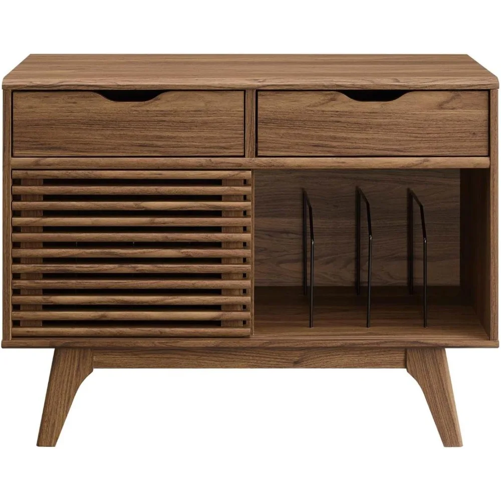 Render Mid-Century Modern Vinyl Record Storage Display Cabinet, 37 Inch, Walnut