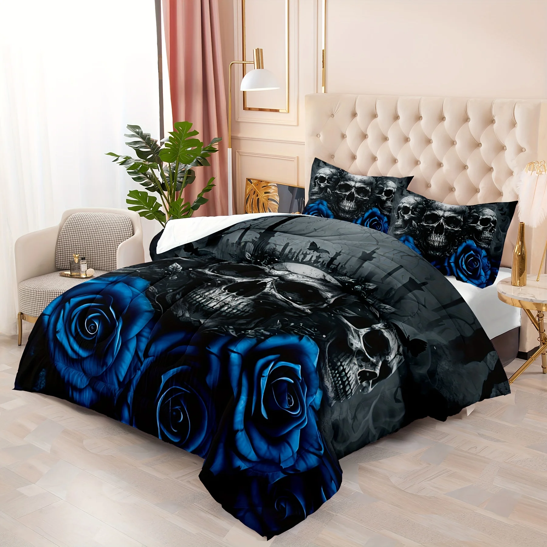 3pc Skull Bedding Set Goth Bedding Sets Queen size King size With  Rose Halloween Skull Bed Blue Black Duvet Cover