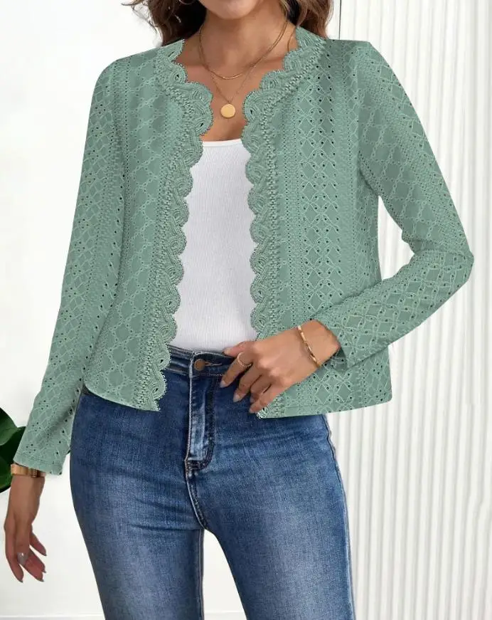 

Women's Clothing Autumn New Fashion Jacquard Contrast Lace Scallop Trim Open Front Coat Female Casual Breathable Crop Cardigan