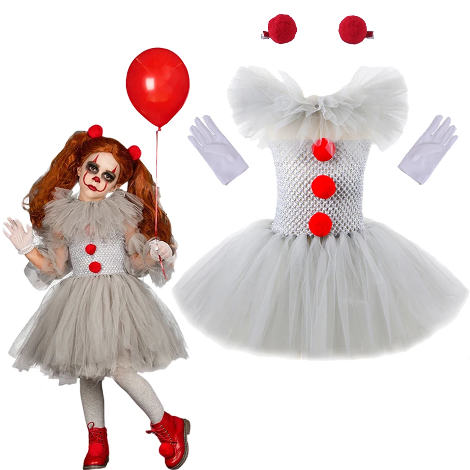 Halloween Costume For Kids Gray Girls Tutu Dress Kids Cosplay Scary Clown Costume Girl Carnival Masquerade Party Dress Up 2-12Y