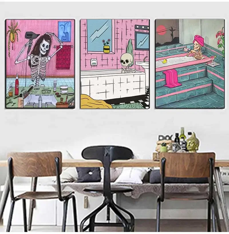 Canvas Painting Skeleton Print And Poster Funny Toilet Wall Art Bath Bubble Skull Retro Pictures Halloween Decoration Wall Decor
