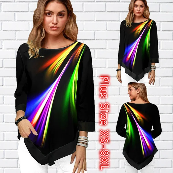 

2022 Womens Casual Rainbow Print T-shirt Femme Summer Tops Three Quater Sleeves Asymmetric Hem Loose Print Round Neck Pillover