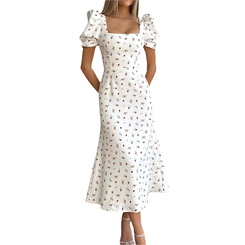 Zomer Vierkante Hals Bloemenprint Jurken Vrouwen Casual Strand Korte Mouw Elegant Feest Flowy Midi Jurk