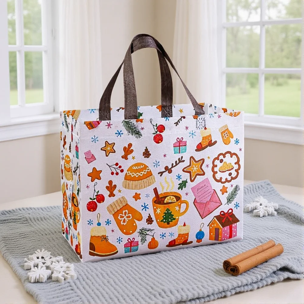 Santa Claus Printed Christmas Gift Bag Non-Woven Tote Bag Foldable Shopping Bag High Capacity Gift Bags For New Year Christmas