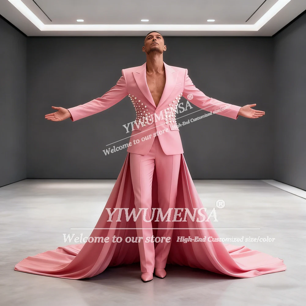بدلة صلبة حصرية للرجال مع كيب طويل مخصص واحد الصدر للحفلات الراقصة ملابس لؤلؤية لحفلات الزفاف والعريس البدلات الرسمية Ropa Hombre