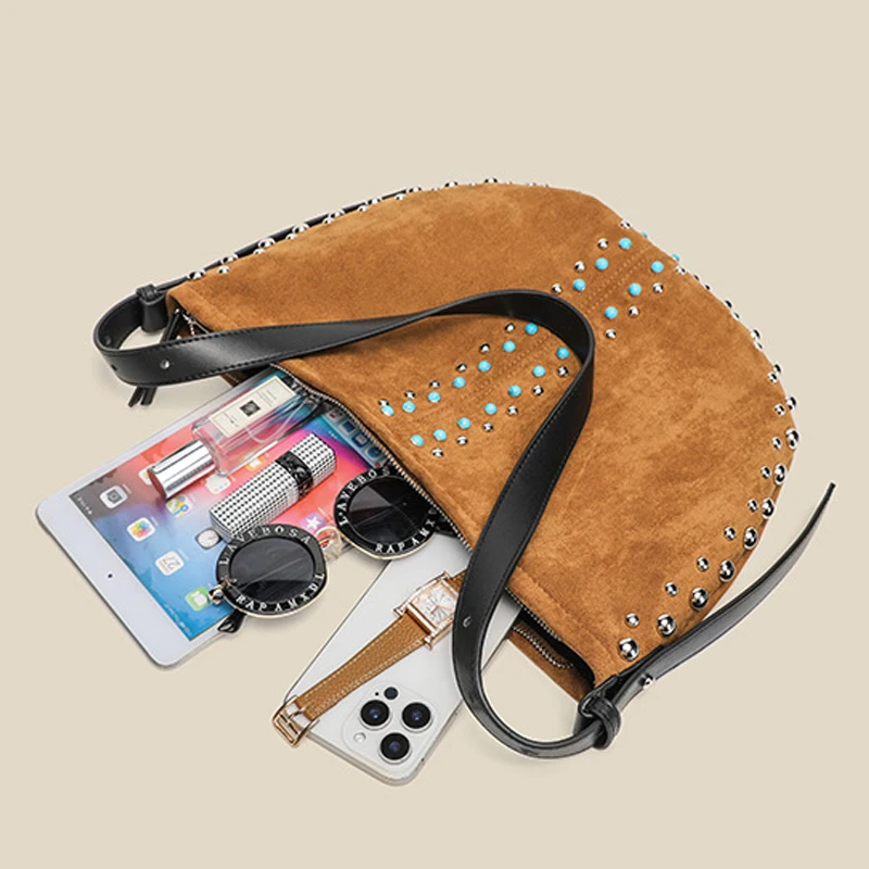 حقائب يد نسائية فاخرة بتصميم نصف قمر من جلد الغزال الصناعي على الطراز الإنجليزي، جديدة في عام 2026، مصنوعة من البوليستر الفسيفسائي المزين بالخرز والترتر، حقيبة كتف تحت الإبط جودة عالية ًالشحن مجانا وصول الشحن السريع