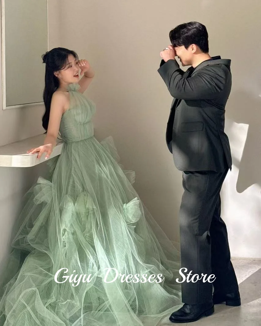 Giyu Principessa Abiti da sposa verdi Halter Tulle senza maniche Corea Matrimonio Servizio fotografico Abito da sposa Abito da sposa Lunghezza pavimento Personalizzato