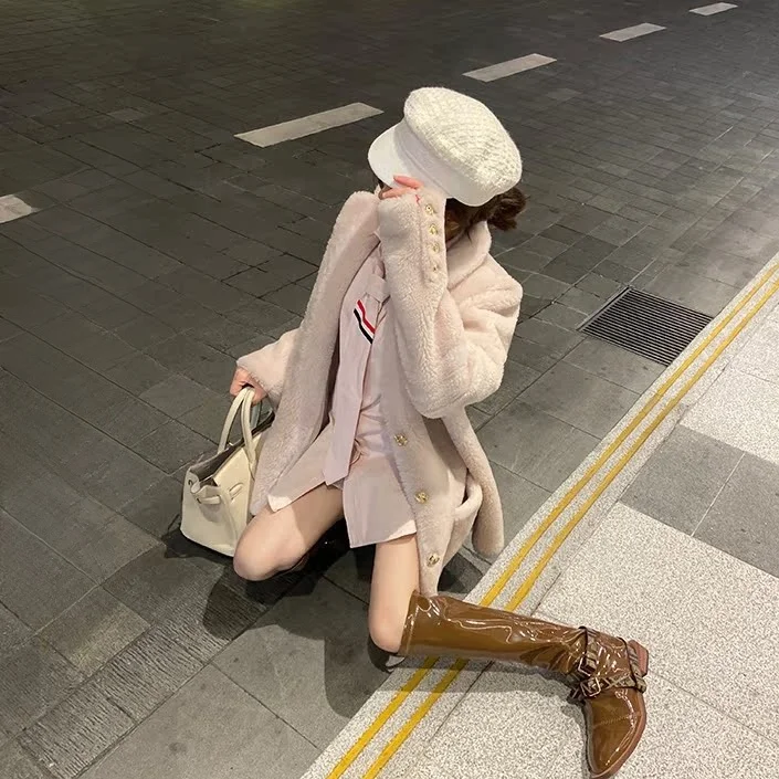 

Viola Pink Teddy Lamb Fur Jacket Women Winter Korean Loose Thickened Medium Length Versatile Slimming Particle Velvet Trendy