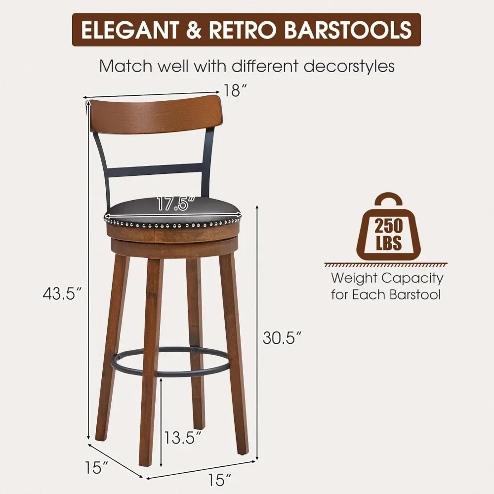 Set di sgabelli da bar girevoli 1/2/4, sgabelli da bar imbottiti in pelle PU con schienale e gambe in legno massello di gomma e poggiapiedi in metallo, 30,5 pollici