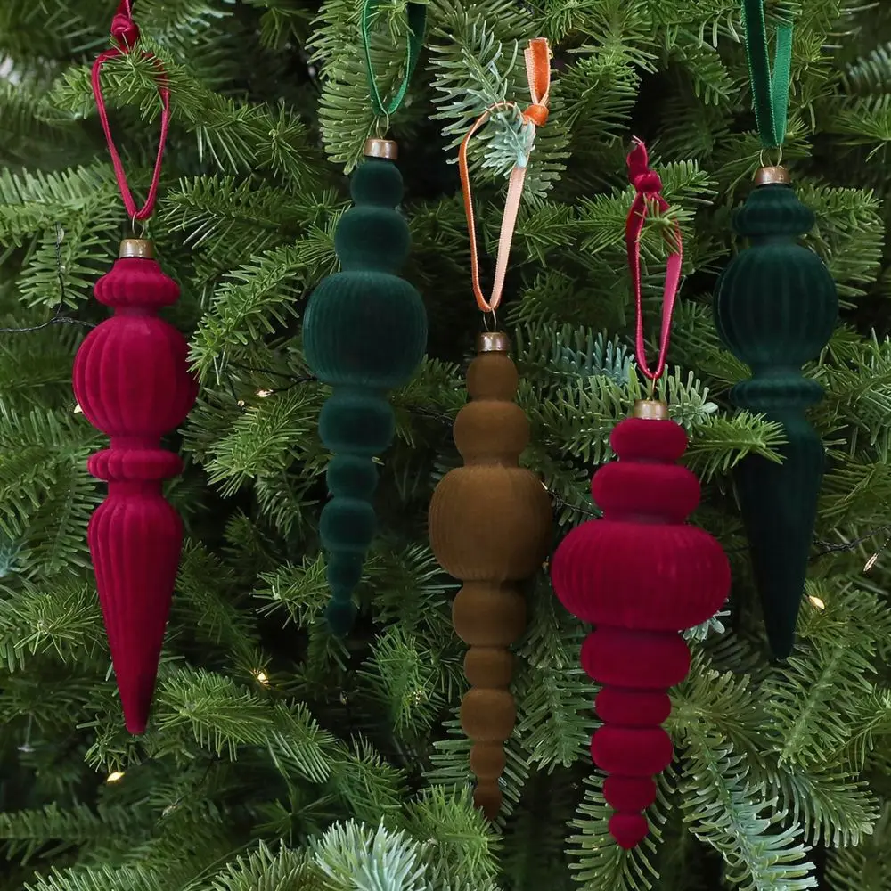 Flocked Christmas Tree Hanging Ornaments Velvet Lantern Cone Decorations For Holiday Party Wedding Home Decor Props