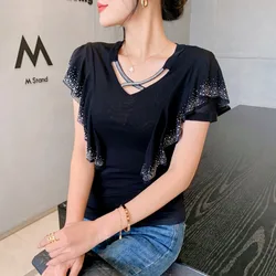 #5160 Summer Mesh T Shirt Women V-neck Ruffles Diamonds Tight Sexy Elastic Short Sleeve T Shirt Korean Fashion Black Blue Purple