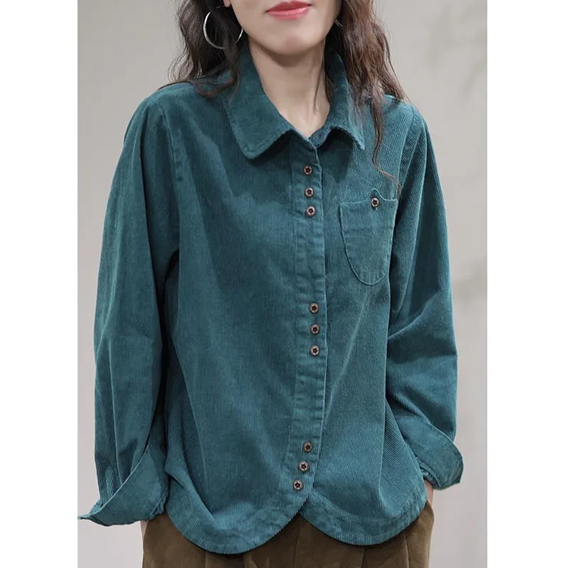 2024 Women Lapel Collar Corduroy Shirt Coat Spring And Autumn Female Long Sleeved Cardigan Blouse Jacket Korean Ladies Blaus Top