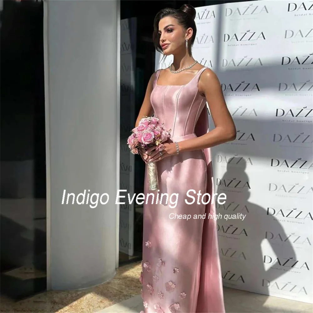 Indig Prom Dress Mermaid Sleeveless Square Collar Floor-Length 3D Flower Satin Formal Party Evening Gown For Women فساتين السهرة