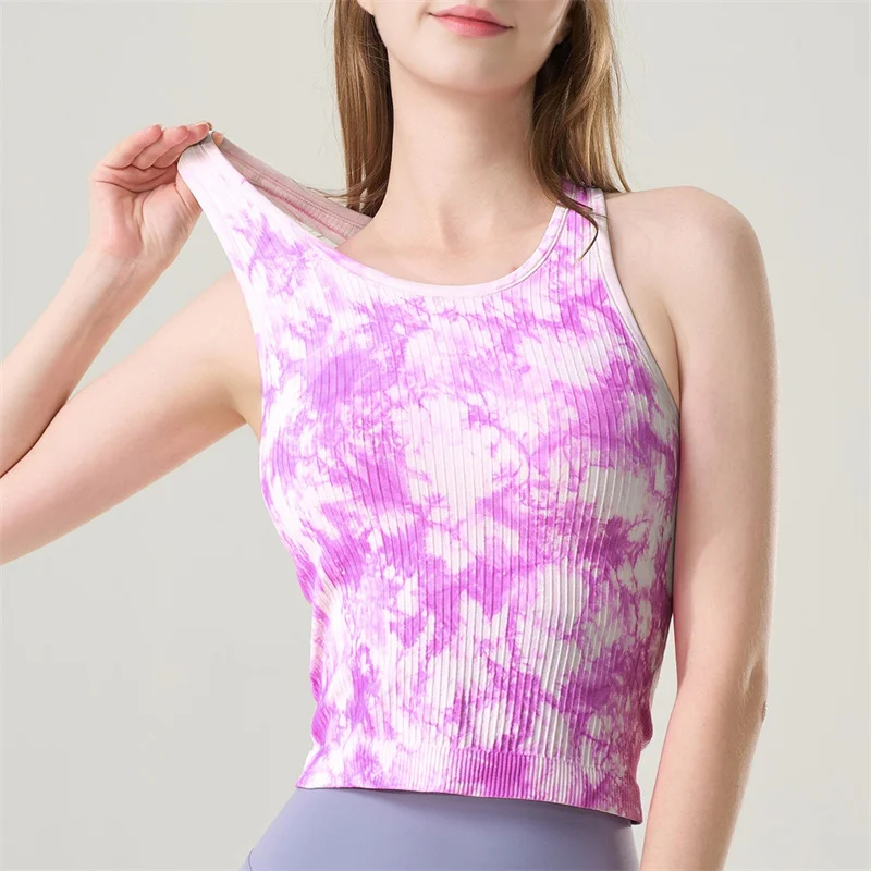 Aiithuug Ribbed Racer Back Running Tank Tie Dye Racerback Tank Tops with Built in Bras Padded Sports Bra Yoga Tank Athletic Tops