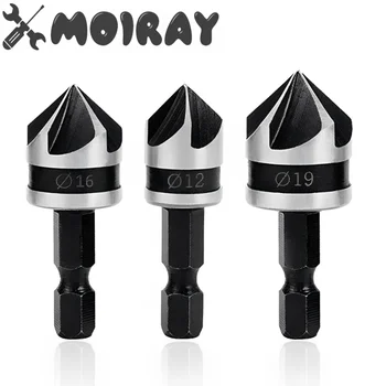 3 adet 12/16/19mm sayaç lavabo matkap ucu seti 1/4 ''Hex Hss 5 flüt havşa 90 derece ahşap pah kesici pah delik delme