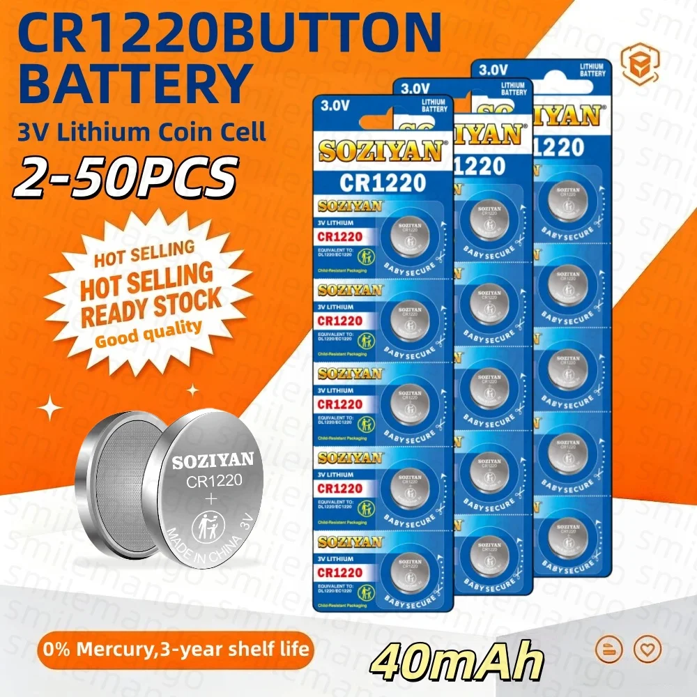 Batterie au lithium CR1220 40mAh LM1220 BR1220 KCR1220 3V pour jouet, montre, balance, calculatrice, télécommande de voiture, souris, pile bouton.