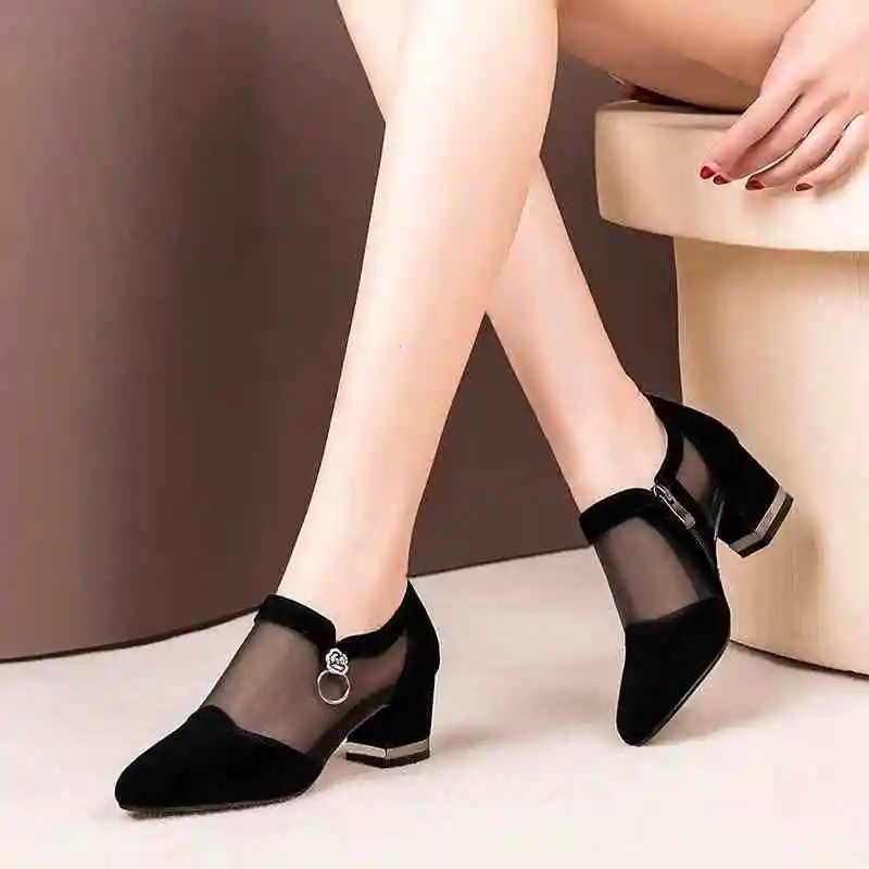 Summer Women High Heel Shoes Mesh Breathable Pumps Zip Pointed Toe Thick Heels Fashion Female Dress Shoe Autumn Elegant Footwear