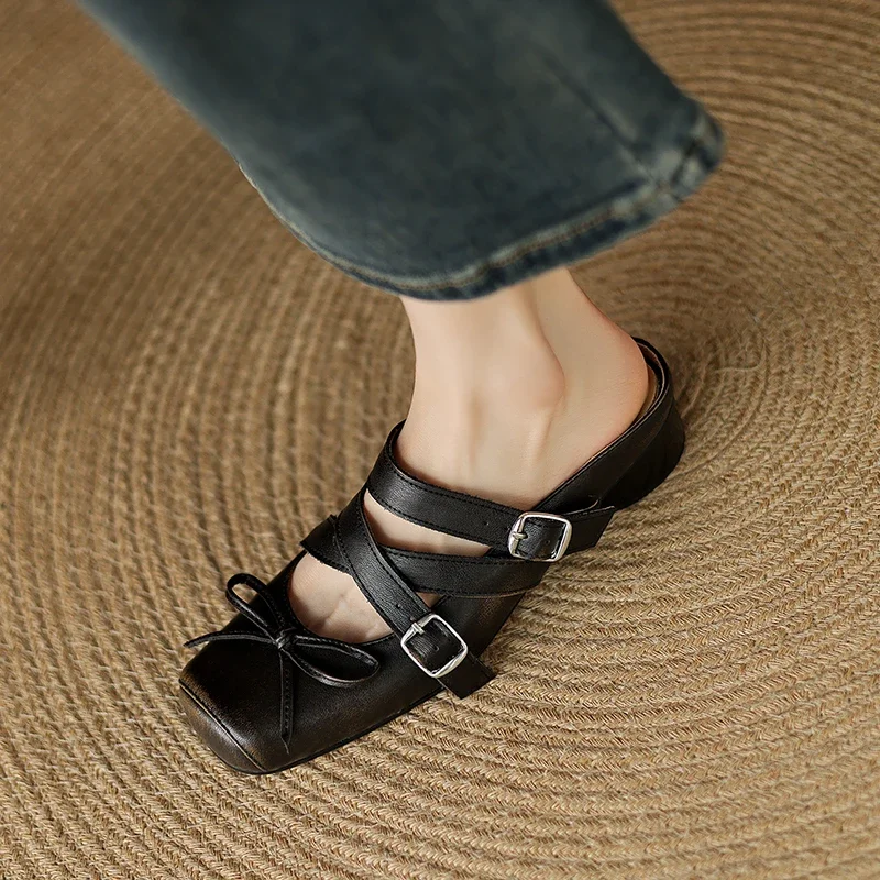 

Новинка 2023 года, летние женские сандалии из натуральной кожи, 22-24,5 см, женская обувь из воловьей кожи + овчины + свиной кожи, туфли-мюли с перекрестной пряжкой, полутапочки