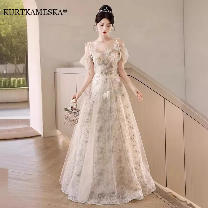 Princess Off Shoulder Korea Wedding Dresses A Line Appliques Bridal Gown Backless Shoulder Strap Photo Shoot Bride Dress Maxi