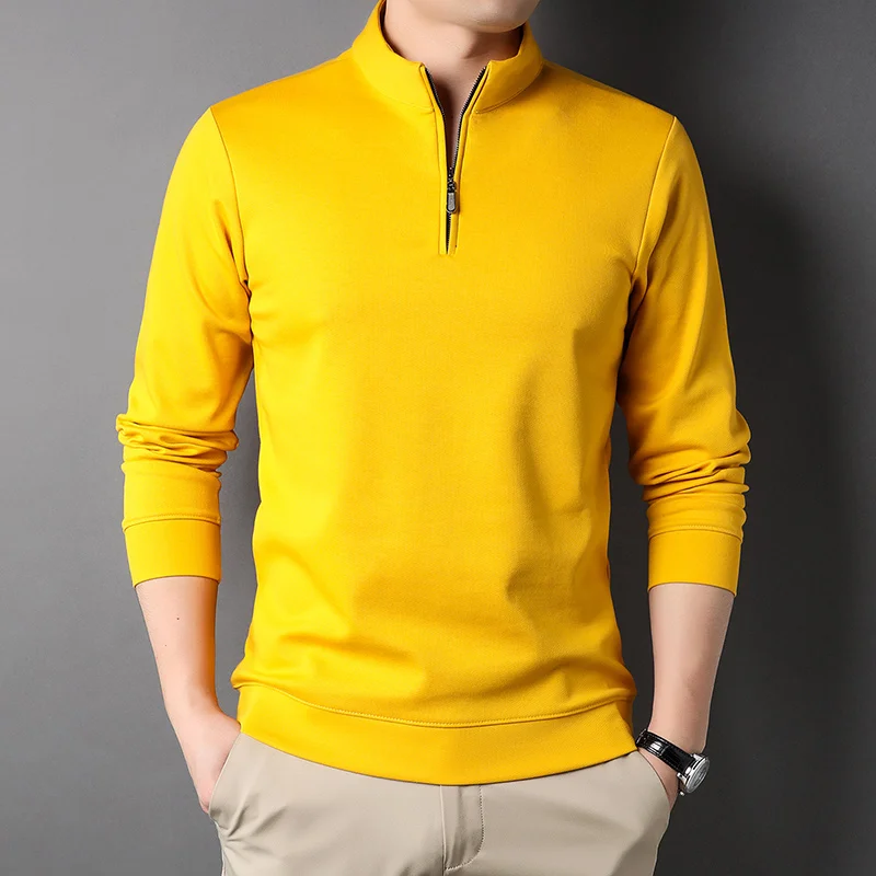 Polo de manga larga con cremallera para hombre, camiseta informal, lisa, coreana, Color sólido, 2023