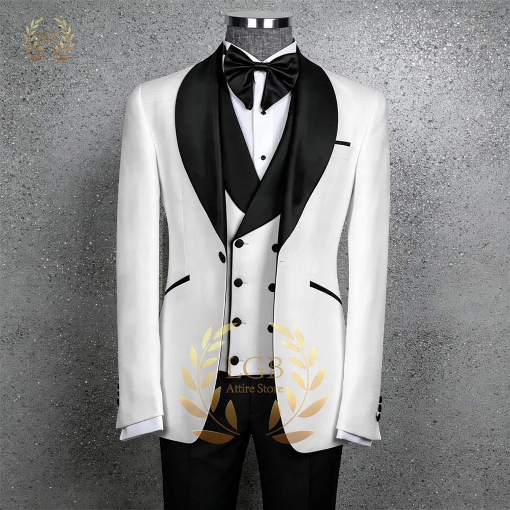 Fashion Men's 3 Piece Blazer Set Contrast Shawl Lapel Wedding Reception Costume Double Button Jacket Pants Waistcoat