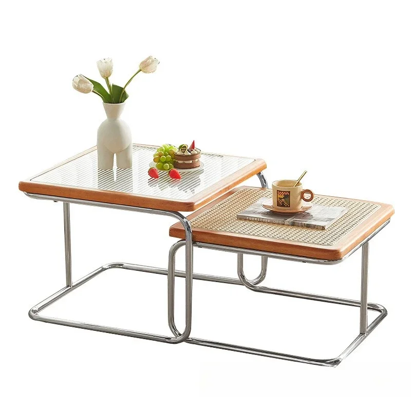 

Medieval coffee table small apartment combination stainless steel sofa edge ins rattan wabi sabi retro living room glass tea