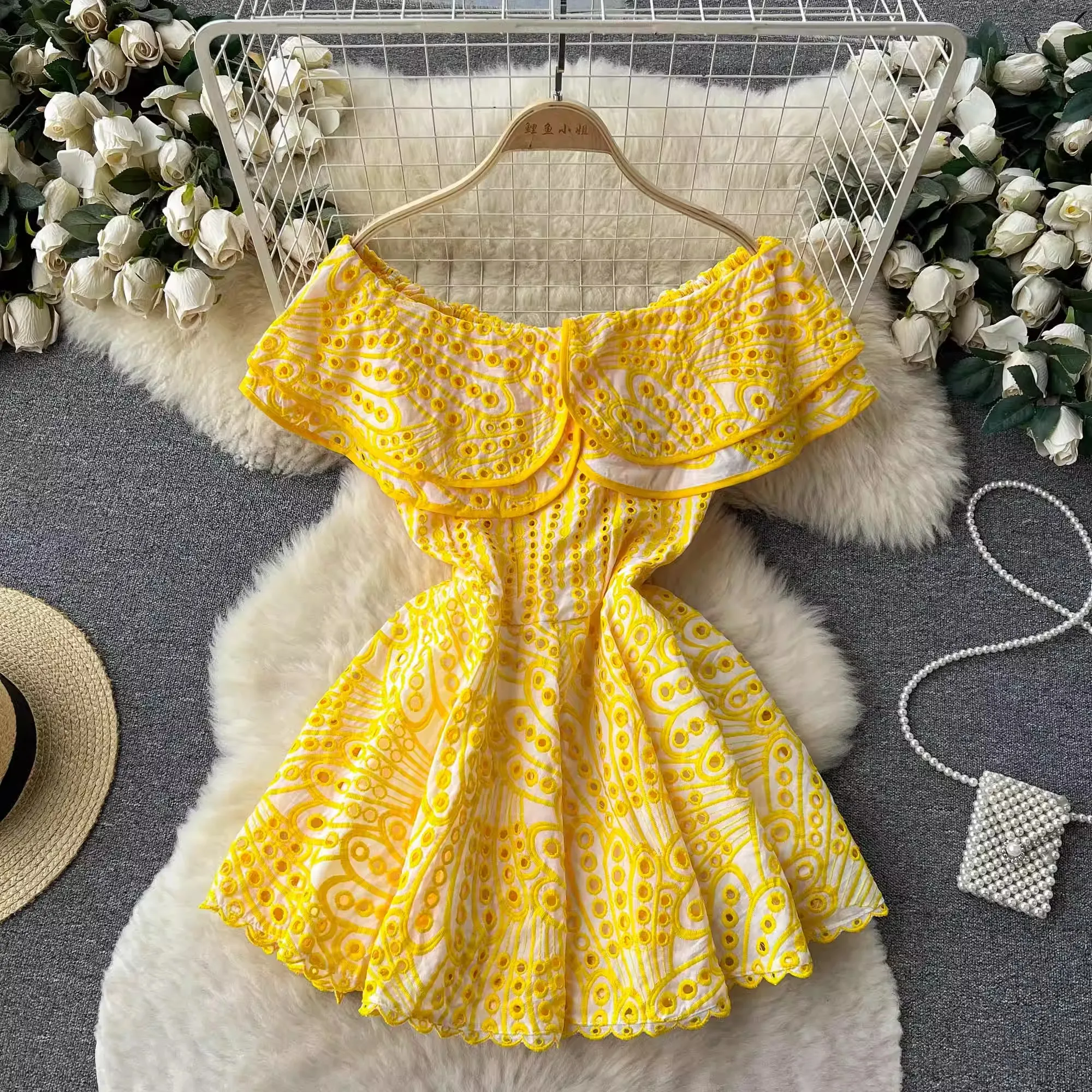 Runway Designer Summer Blue Cotton Embroidery Hollow Out Mini Dress Women Slash Neck Double Layers Ruffles Holiday Short Vestido