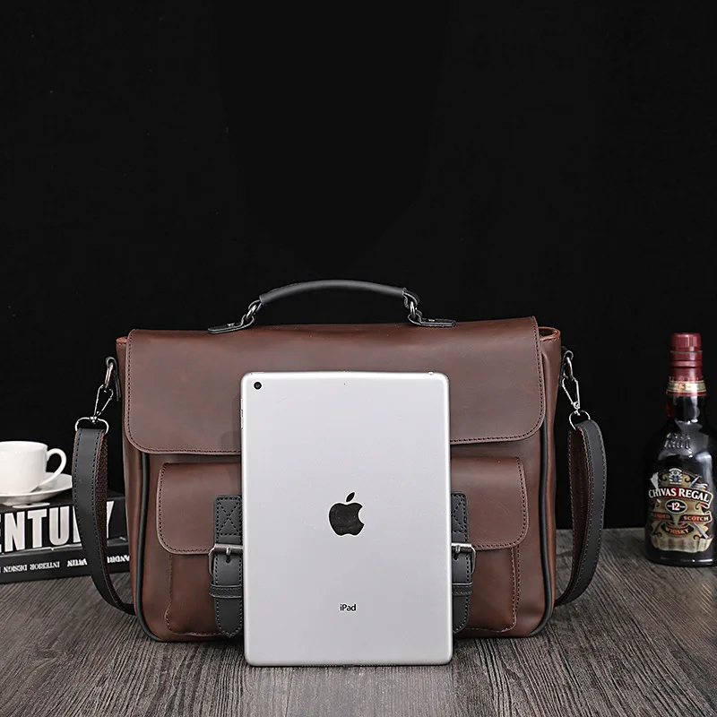 Men\'s Casual Shoulder Crossbody Bags Large Capacity Business Commuting Messenger Bag Men Crazy Horse Leather Handbag Briefcases