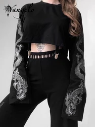 Yangelo Gothic Punk E-girls Dragon Pattern T-shirt Long Sleeve Women Y2K T-shirt Crew Neck Black Crop Top Autumn Pullover