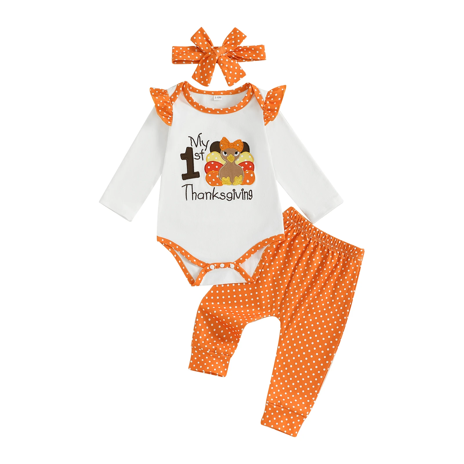 

Baby Girls Clothes Set Thanksgiving Turkey Print Long Sleeve Romper with Dot Pants and Headband 3Pcs Outfit