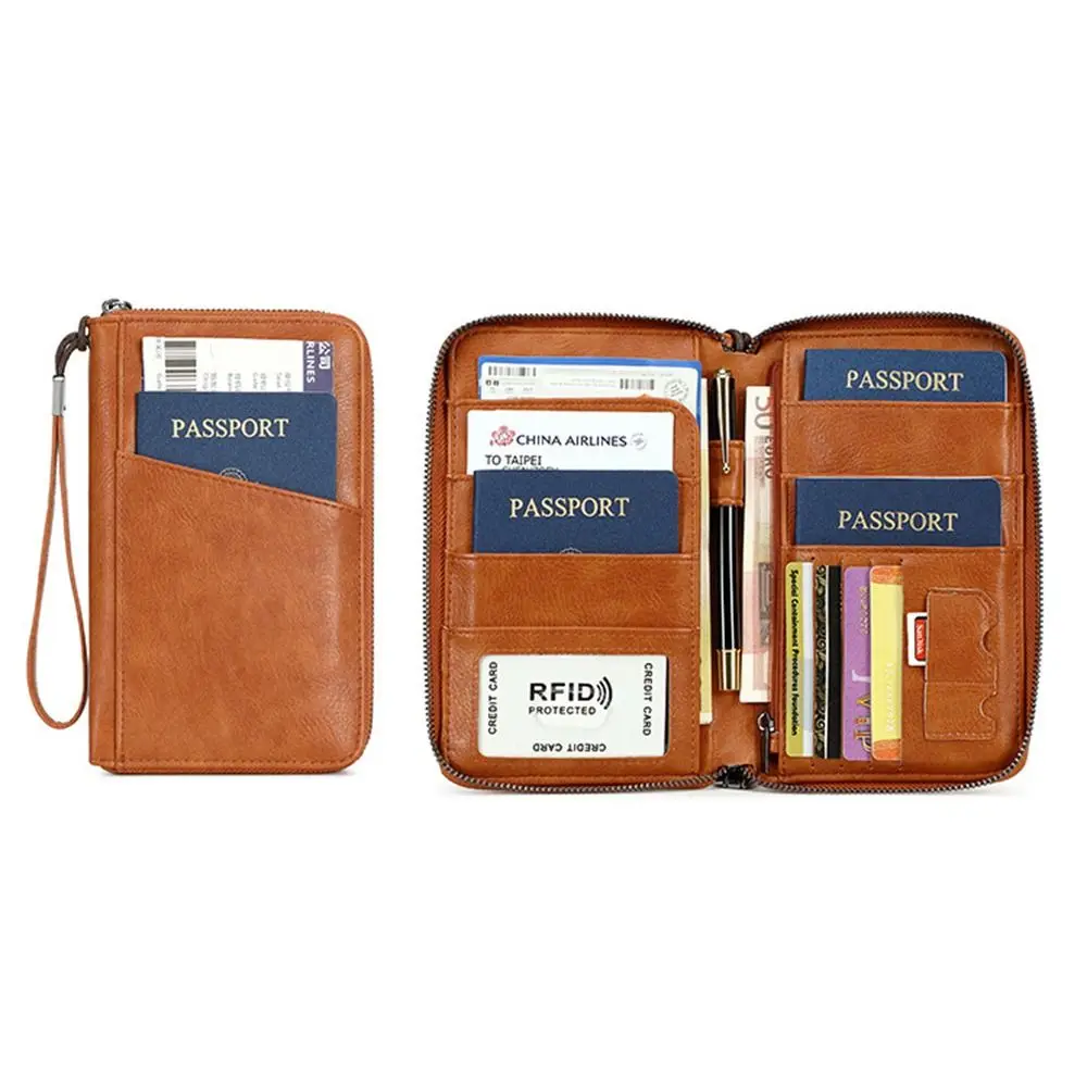 PU Leather Passport Clip Wallet Anti-Theft Large Capacity Travel Document Bag Wear-Resistant Waterproof