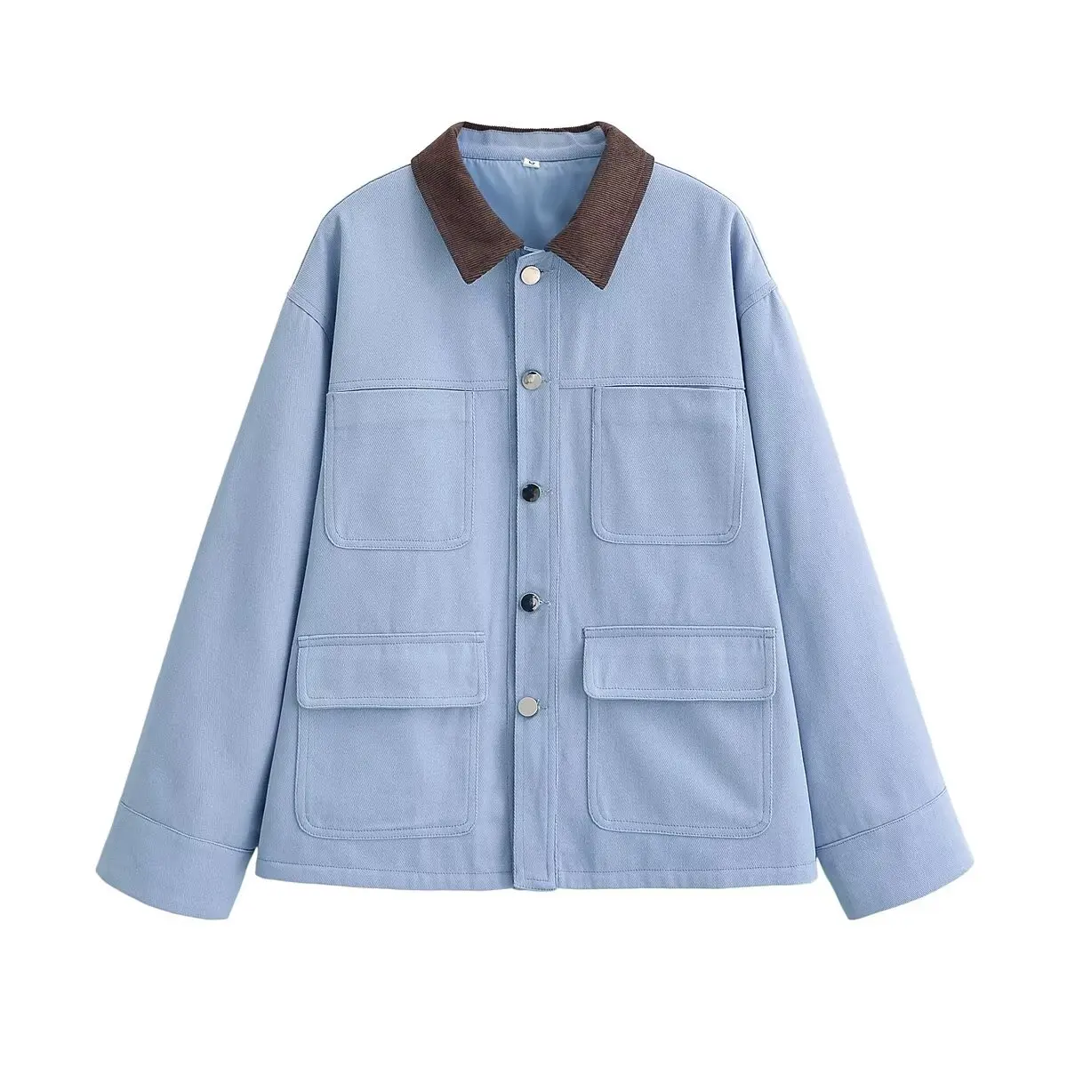 Women's Blue Loose Fit Spring Jacket with Pockets