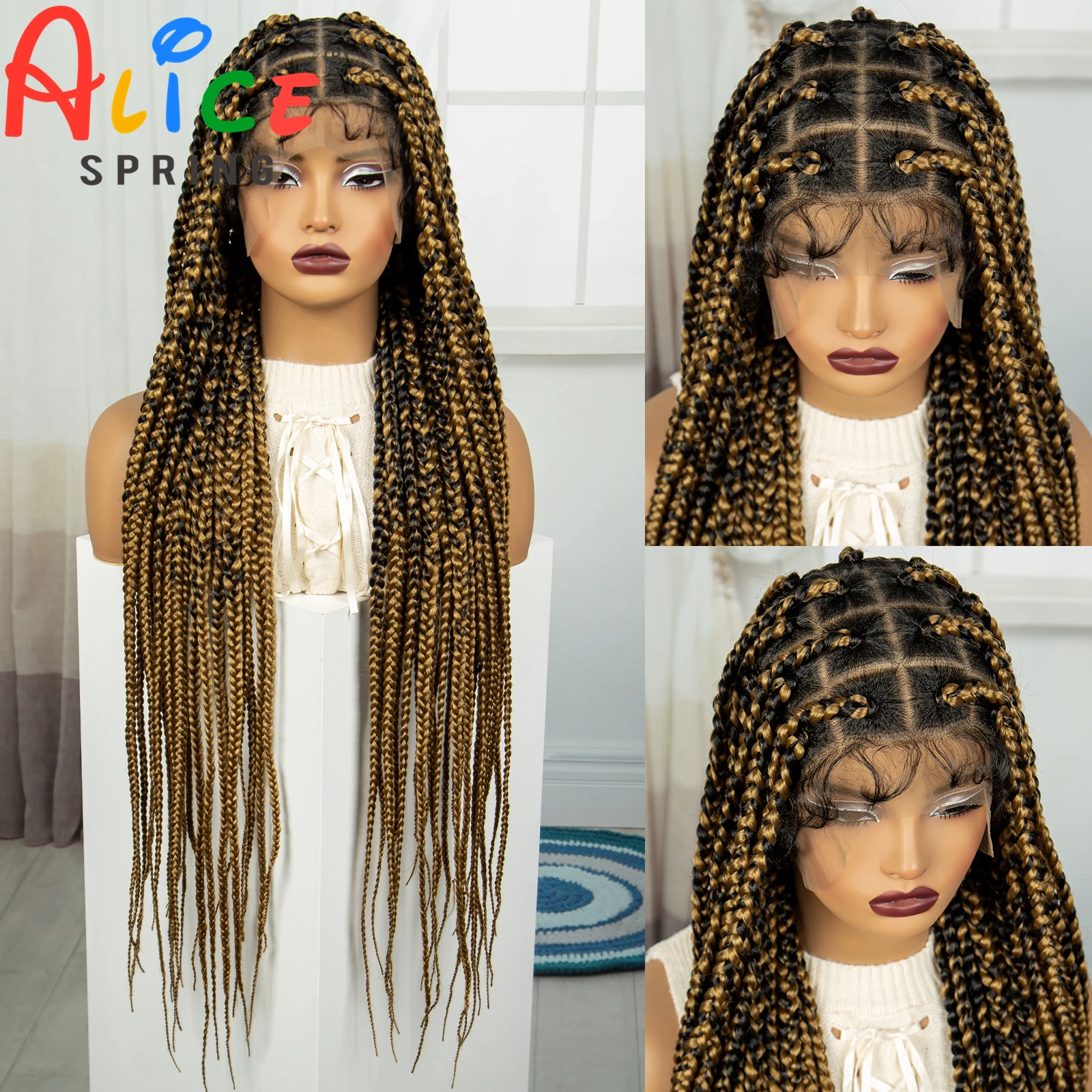 

36 Inch Synthetic Braided Wigs Full Lace Straight Knotless Box Braid Wigs with Baby Hair Ombre Lace Front Wigs for Black Women