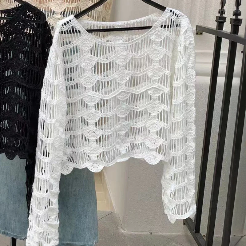 Pull en tricot amissié transparent à manches longues pour femmes, haut au crochet, pull évidé, tenue de plage de vacances Boho, printemps, été