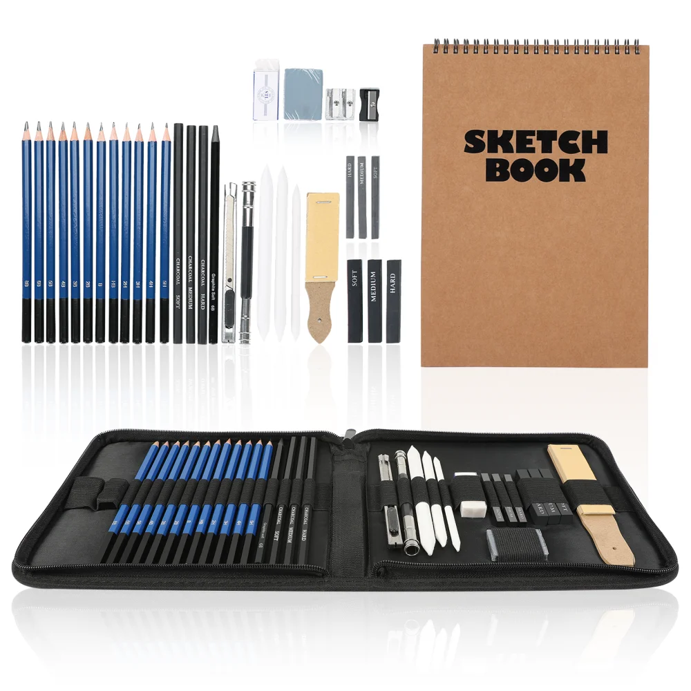 Set di matite per schizzi portatili 33 pezzi Kit da disegno regalo per artisti professionisti Organizzatore di forniture d'arte a carboncino per bambini Adolescenti Adulti