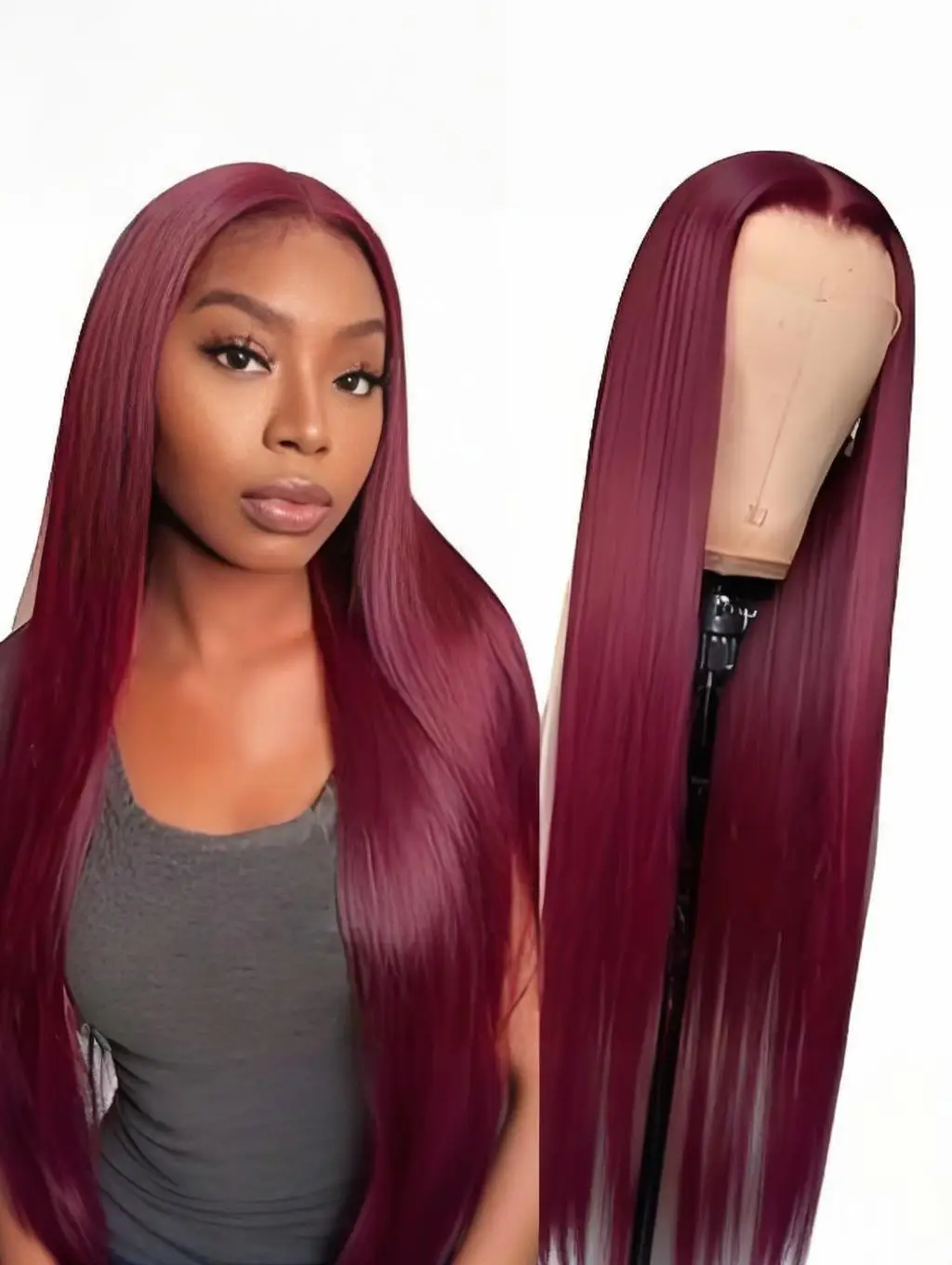 

Парик из 100% натуральных человеческих волос, 250% плотность, цвет 99J Бордовый, для косплея, с HD-кружевной фронтальной частью 13x6, прямой, с кружевным фронтом