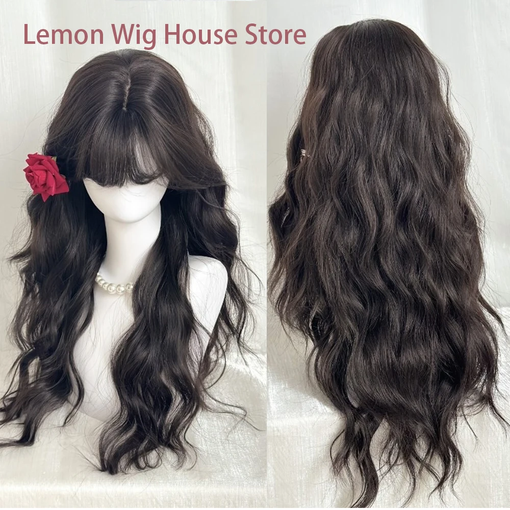

Brownish Black Wave Synthetic Wigs with Bangs Long Curly Hair for Women Daily Party Cosplay Wig Heat Resistant Natural Fake Hair