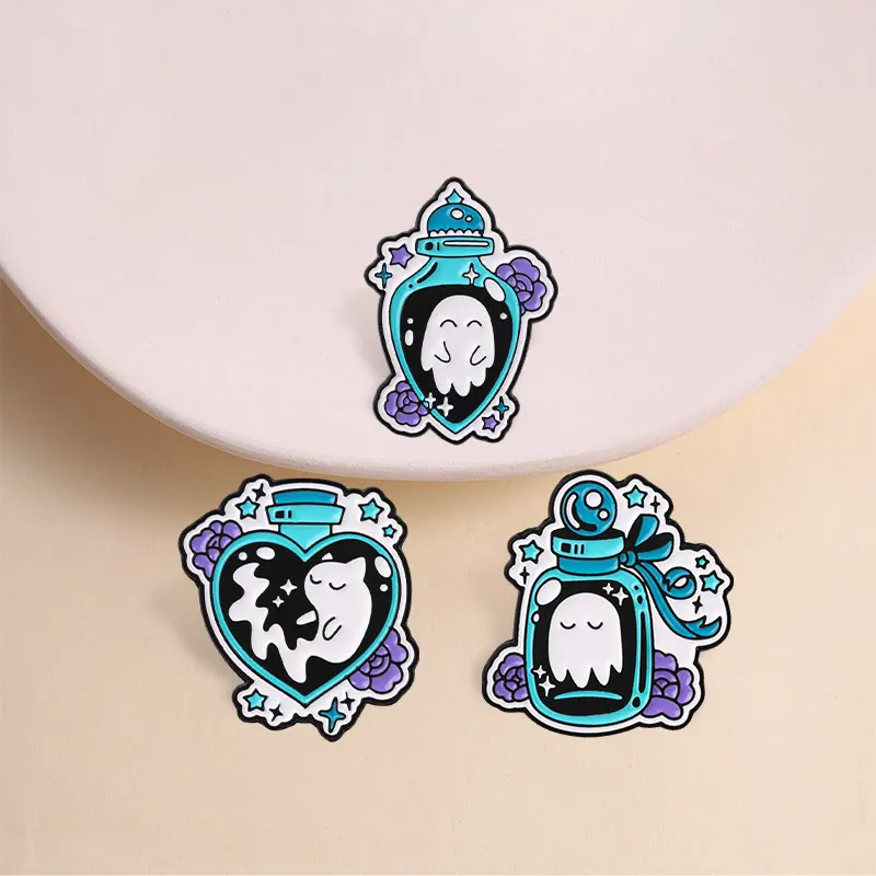 Gotische Geisterkatzen-Trankflaschen-Emaille-Pins Halloween-Hexe Schwarze Katze Kürbis Kristallkugel Broschen Anstecknadel Schmuck Geschenke – Detail 3